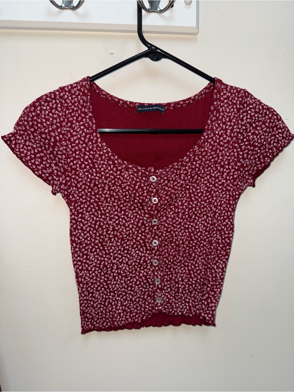 Brandy Melville Burgundy Red Floral Button-Front Crop Top